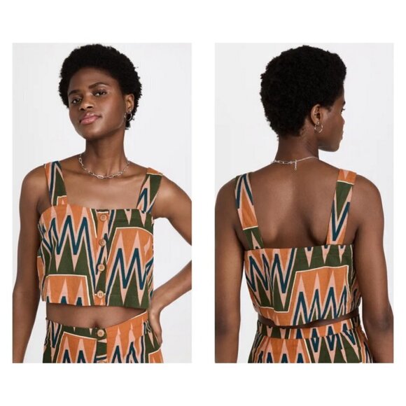 💕VERONICA BEARD Tiffany Top Linen Button Down Crop Top Abstract Print Large NWT - Picture 1 of 16